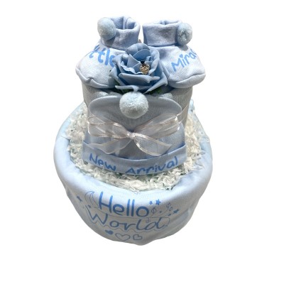 Hello World Blue 2 Tier Nappy Cake