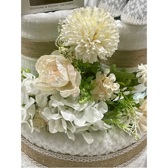 Flowers and Lace Neutral Nappy Cake 